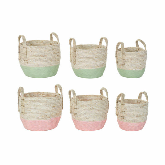 Basket set DKD Home Decor Natural Pink Green Natural Fibre 30 x 30 x 32 cm Boho (2 Units) DKD Home Decor