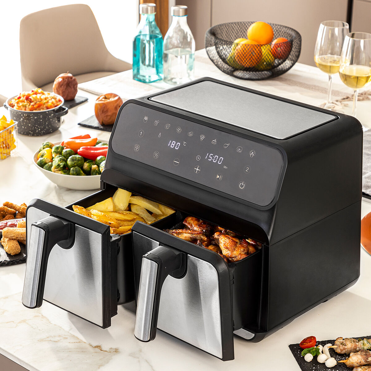 Air Fryer InnovaGoods Fryinn Double 8000 Sort 3400 W 8 L Rustfrit stål