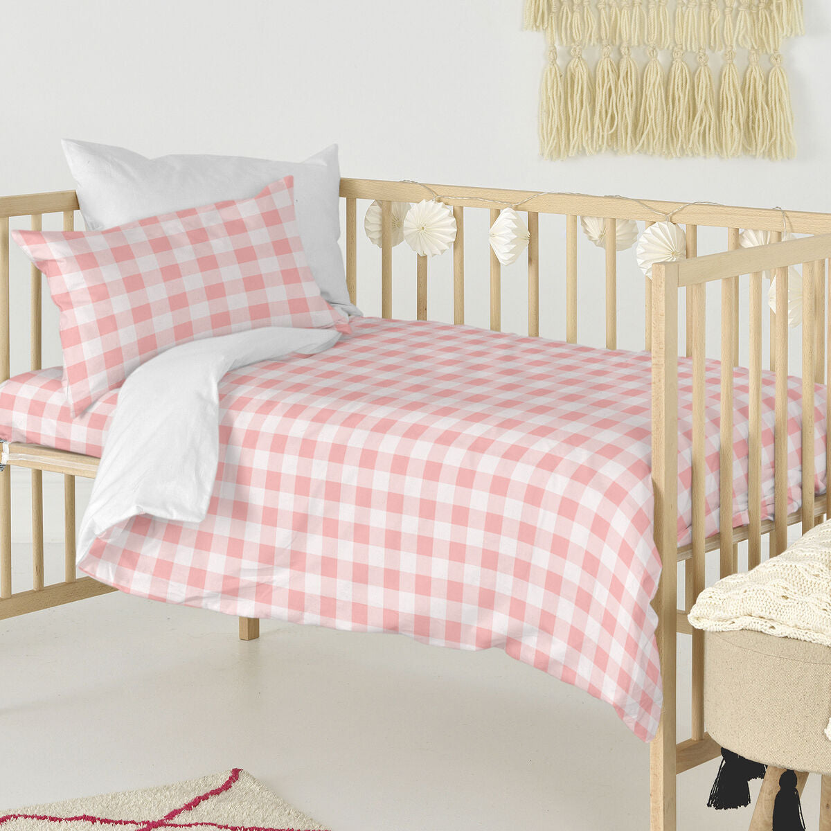 Duvet cover set HappyFriday Basic Kids Pink Baby Crib Gingham 2 Pieces HappyFriday