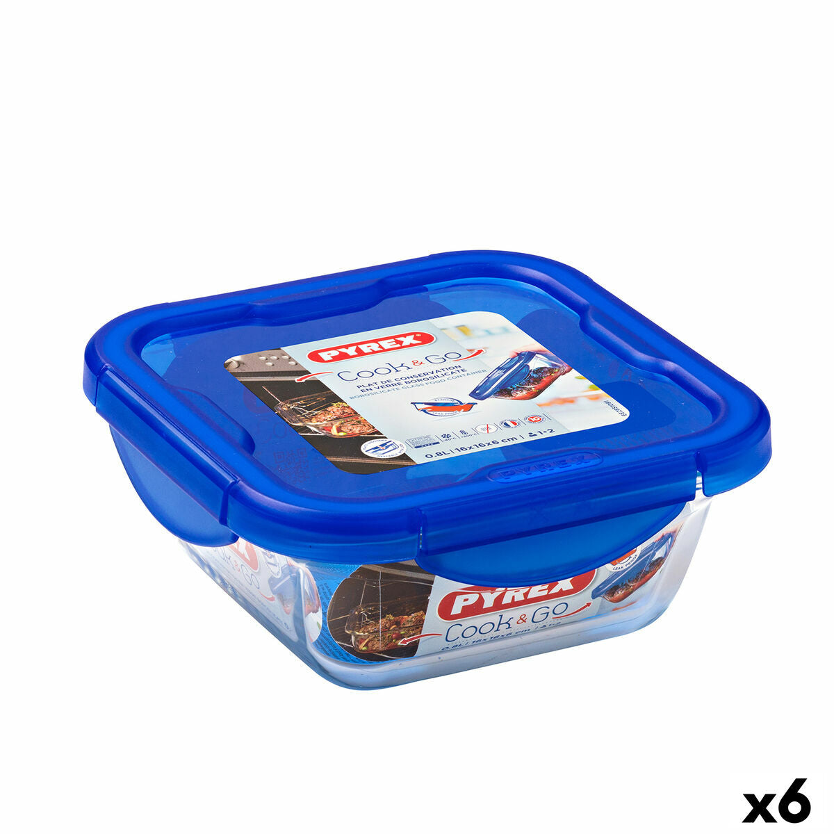 Hermetisk madkasse Pyrex Cook &amp; Go 16,7 x 16,7 x 7 cm Blå 850 ml glas (6 enheder)