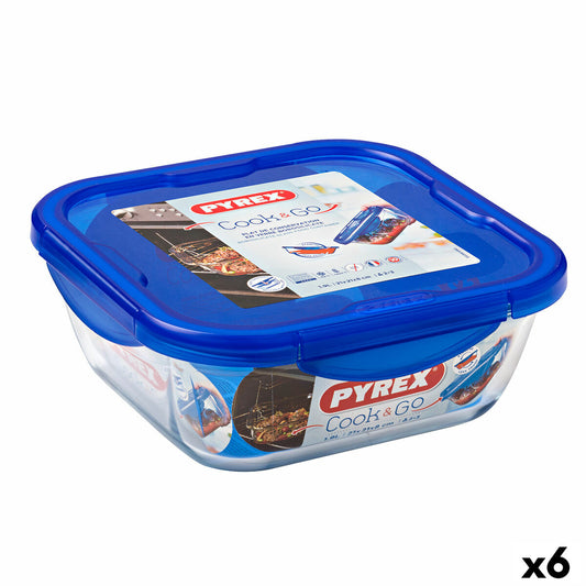 Hermetisk madkasse Pyrex Cook &amp; go 21 x 21 x 9 cm Blå 1,9 L glas (6 enheder)