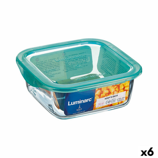 Firkantet madkasse med låg Luminarc Keep'n Lagon 10 x 5,4 cm Turkis 380 ml Tofarvet glas (6 enheder)