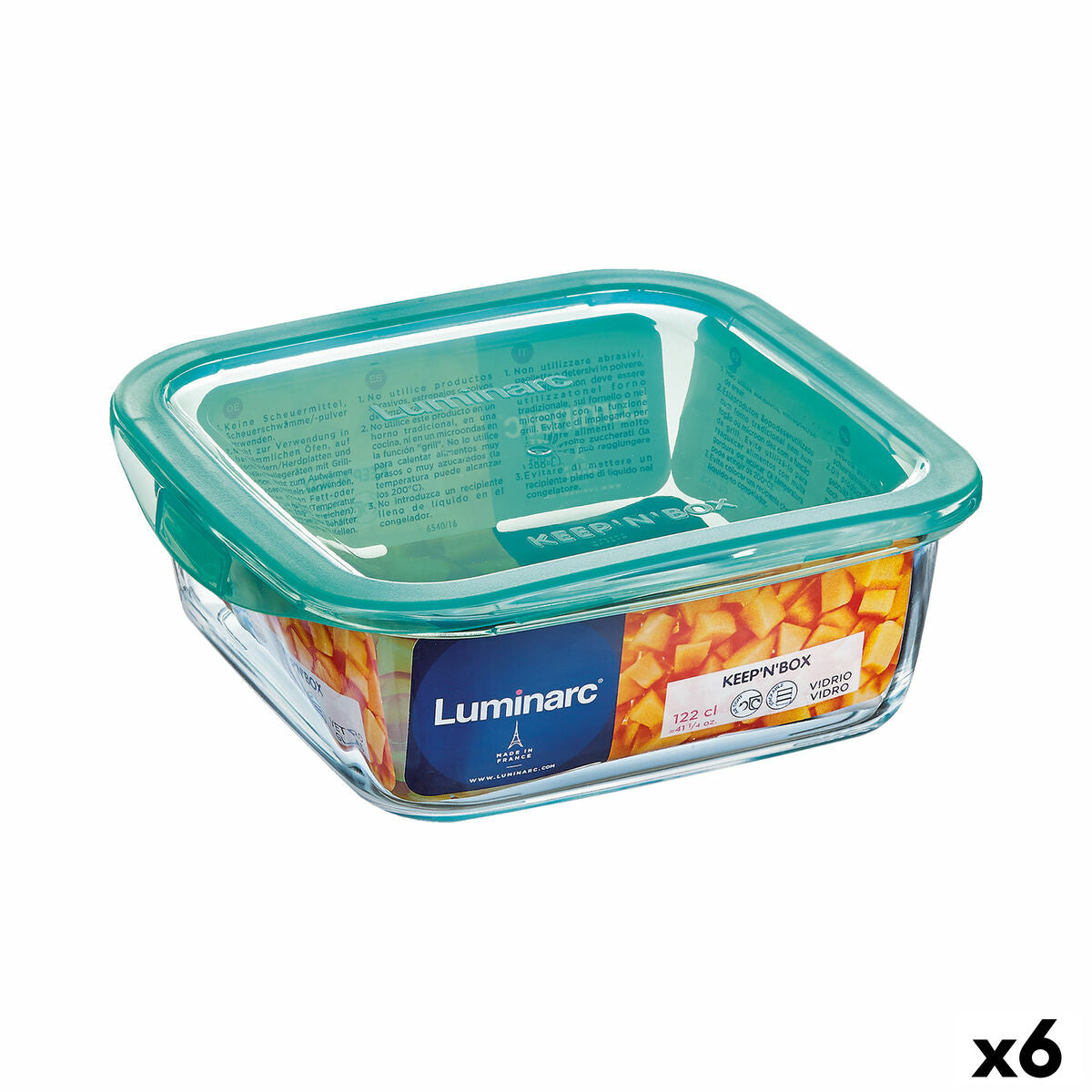 Firkantet madkasse med låg Luminarc Keep'n Lagon 760 ml 13 x 6 cm turkis glas (6 enheder)