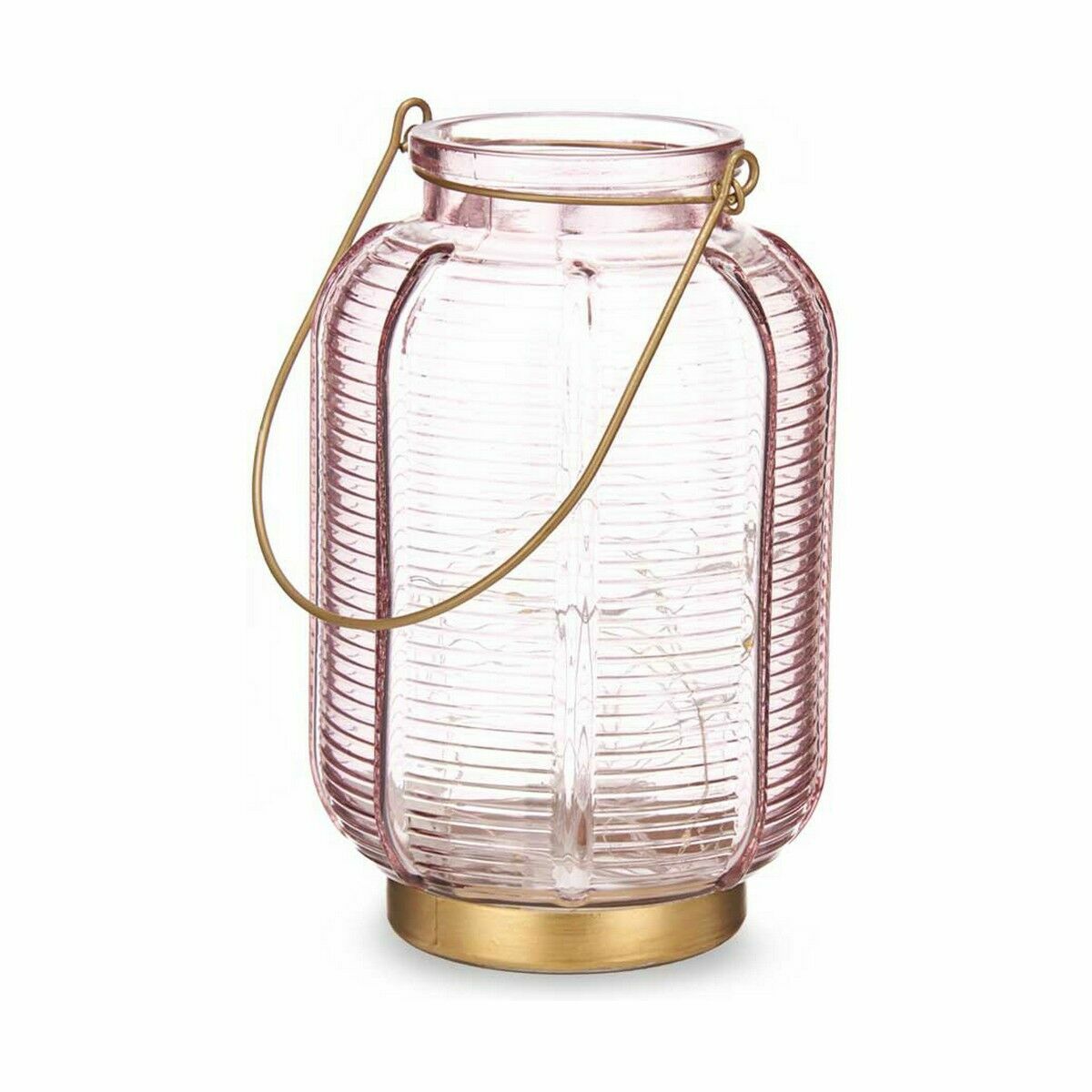 LED Lantern Stripes Pink Golden Glass 13,5 x 22 x 13,5 cm (6 Units)